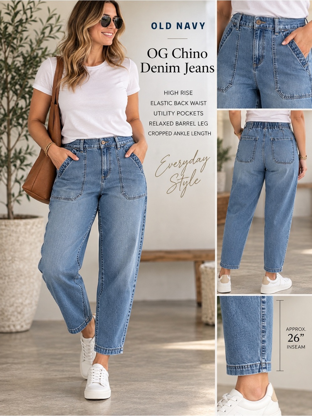 Old Navy OG Chino Jeans Large High Rise Utility Barrel Leg Elastic Waist